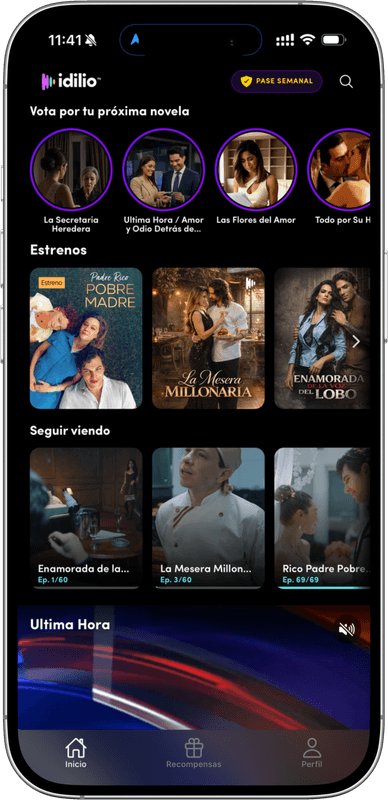 Pantalla de inicio de la app de Idilio TV, con las series destacadas y los estrenos